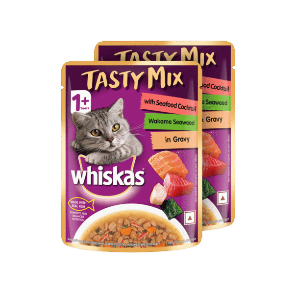 Whiskas Tasty Mix Wet Cat Food (Seafood Cocktail Wakame Seaweed in Gravy) - Pack of 2