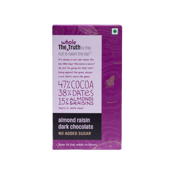 The Whole Truth Almond Raisin Dark Chocolate Bar (Cocoa 47%, Dates 38%, Almonds & Raisins 15%)