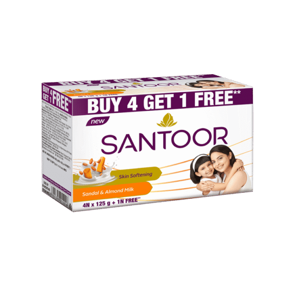 Santoor Skin Softening Sandal & Almond Milk Soap - Buy 4 Get 1 Free