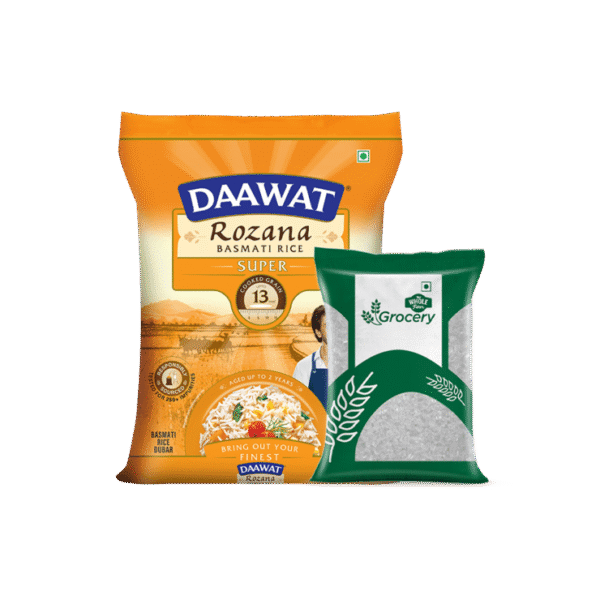Daawat Rozana Super Basmati Rice (Medium Grain) + Whole Farm Grocery Sugar (Packet) Combo