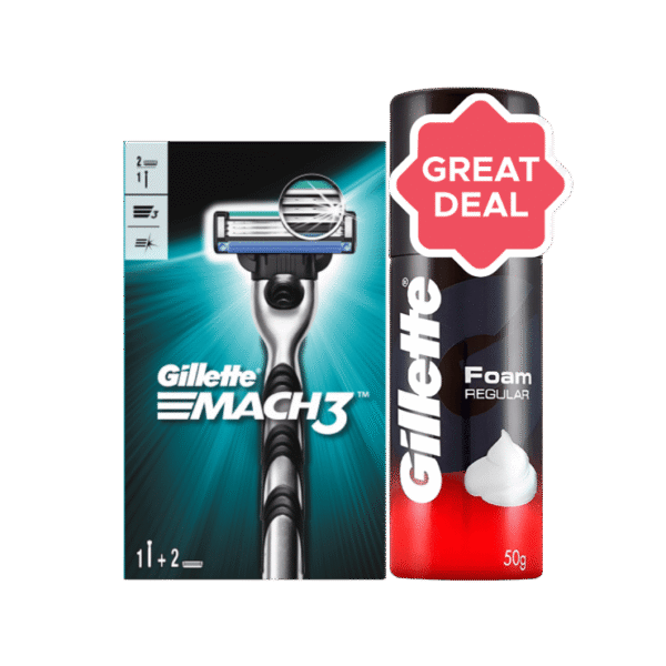 Gillette Mach 3 Men's Razor - with 1 extra Cartridges + Gillette Regular Shaving Foam (50 g) Combo