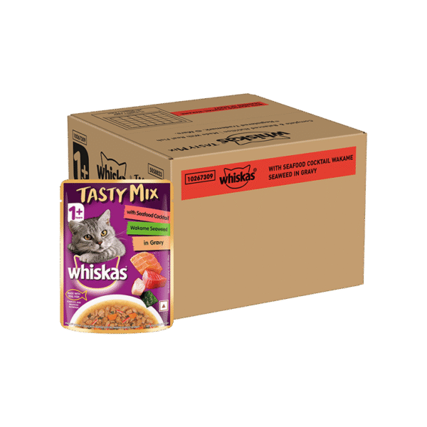Whiskas Tasty Mix Wet Cat Food (Seafood Cocktail Wakame Seaweed in Gravy, 1+ Years)