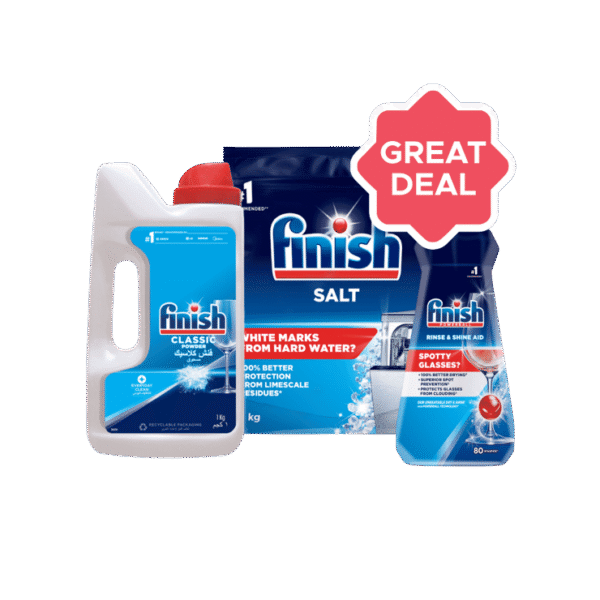 Finish Rinse Aid, Shine & Dry Dishwasher Gel +  Dishwasher Powder +  5X Power Actions Dishwasher Salt Combo