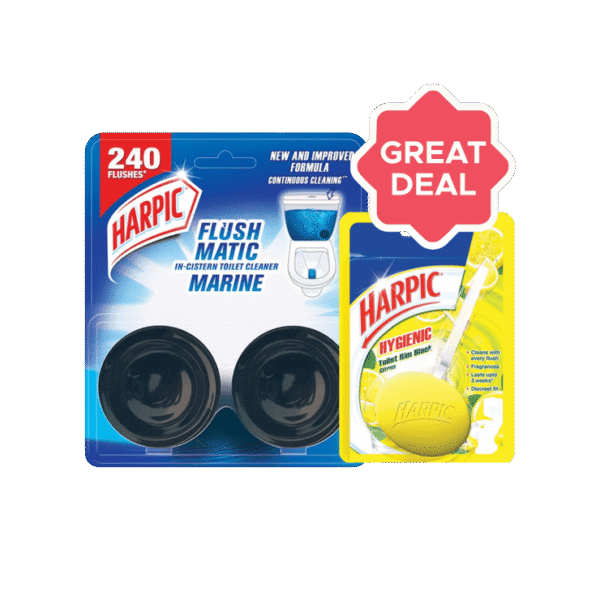 Harpic Hygienic Toilet Cleaner Block (Citrus) +  Flushmatic In-Cister Toilet Cleaner Block (Marine) Combo